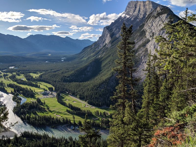 The Bow Valley from above, with Mount Rundle rising over the pines, Banff.