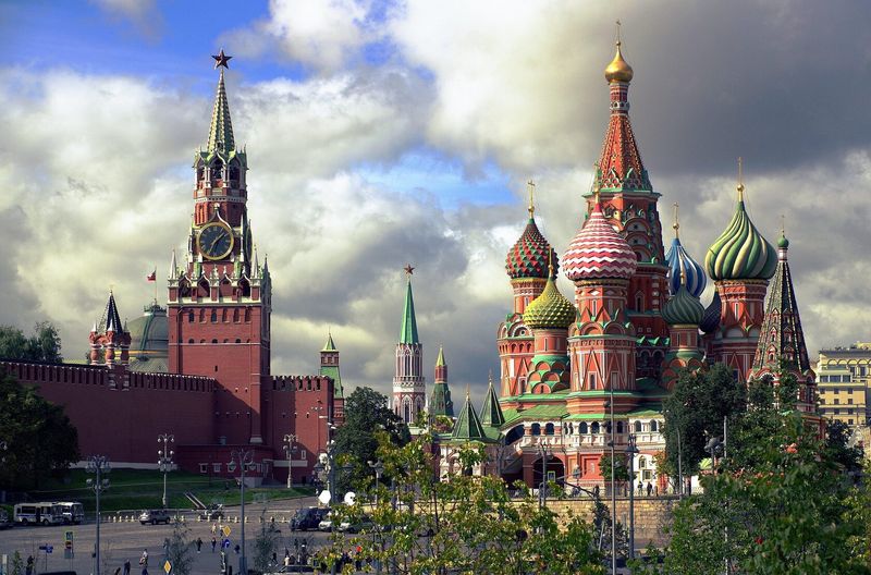 The domes of St Basil's Cathedral against a dramatic sky, Moscow.